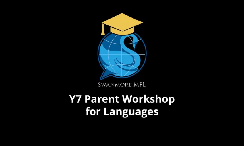 Image shows the Swanmore MFL logo and the words Y7 parent workshop for languages